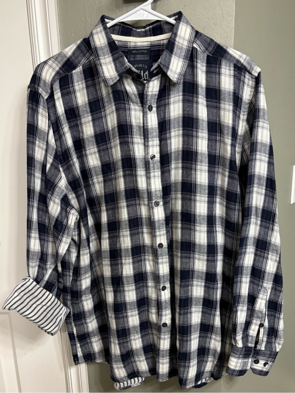 Gildan Navy and White Plaid Long-Sleeve Button-Down Shirt